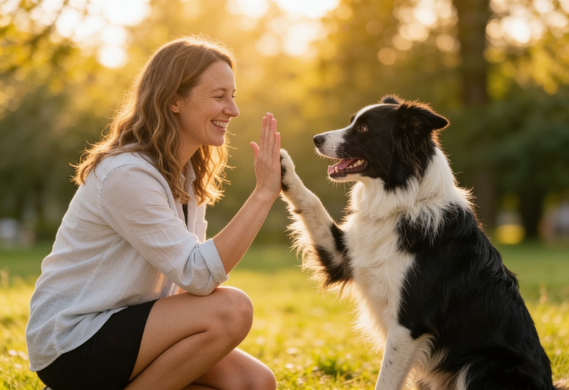 Hundebesitzerin gibt Border Collie High-Five - Vorsorge mit NutriPaws Haaranalyse für Haustiere